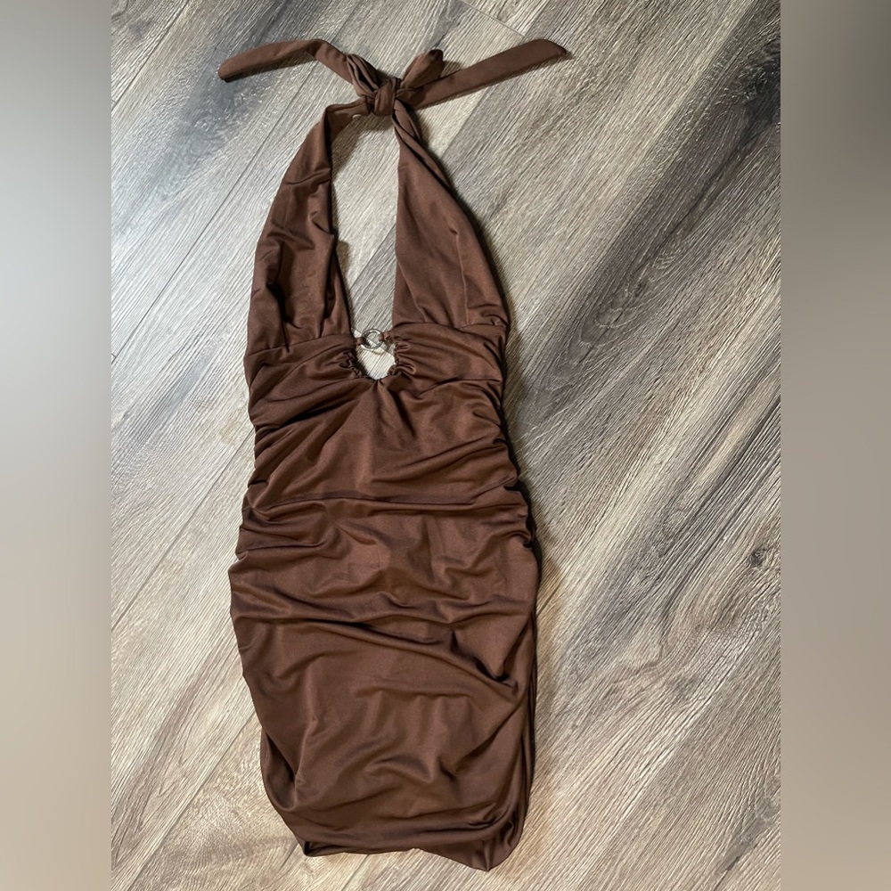 Amazon Brown halter dress with pleading on the back and a deep V neckline cut